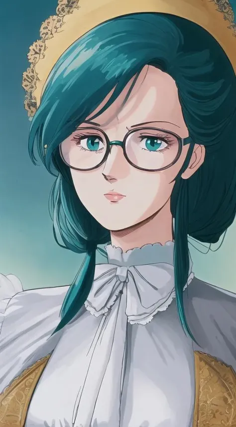 C1tyHunt3er, 1girl, solo, upper body, portrait, aqua hair, elegant tied up hair, Victorian clothes, 1800s, Victorian bonnet hat on head, small frame glasses, perfect quality, good quality, masterpiece, HDR, UHD <lora:C1tyHunt3erStyle:1>