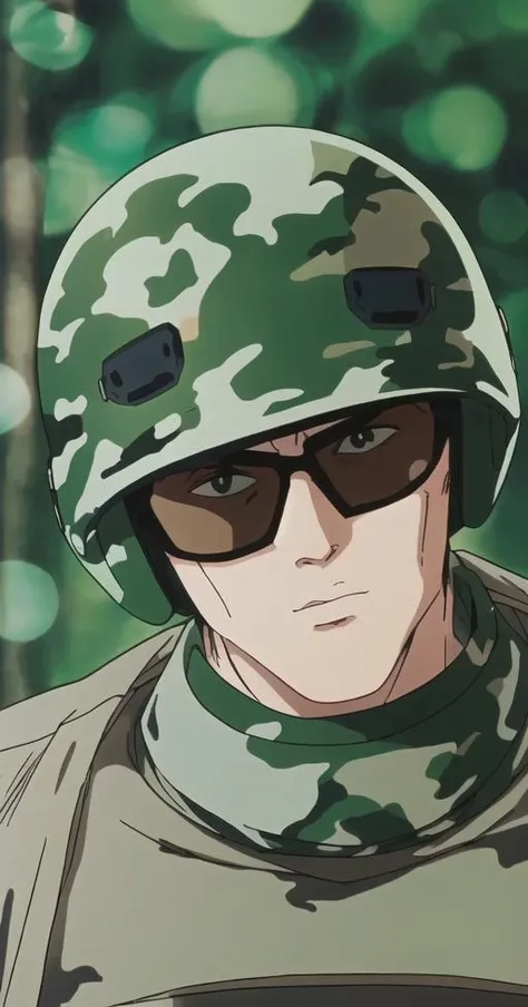 CH, 1boy, solo, portrait, upper body, soldier, black lens black frame sunglasses, helmet, body armor, camouflage, ((bokeh background)), perfect quality, good quality, masterpiece, HDR, UHD <lora:C1tyHunt3erStyle:1>