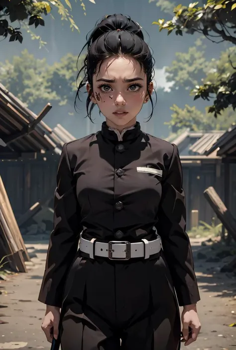 (masterpiece, best quality), 1girl, <lora:OzakiDemonSlayer:0.8> OzakiDemonSlayer, 1girl, solo, black hair, long sleeves, black jacket, ponytail, belt, black pants, black eyes, white belt, demon slayer uniform,