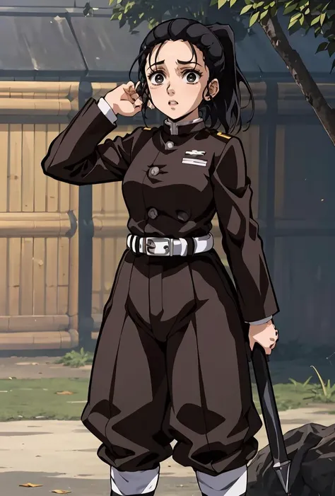 (masterpiece, best quality), 1girl, <lora:OzakiDemonSlayer:0.8> OzakiDemonSlayer, 1girl, solo, black hair, long sleeves, black jacket, ponytail, belt, black pants, black eyes, white belt, demon slayer uniform,