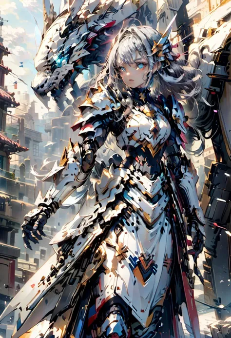 mecha,masterpiece, kawaii, anime, aesthetic, extremely beautiful, girl, silver gloves,,solo, standing, holding sword, front view, looking at viewer, from below, close up, silver hair, straight hair, long hair, star eyes, determined, serious, holy knight, armor dress, thunder and lighting , lions and dragons <lora:futureistic_fantasy_anime_sdxl_v1:0.8> <lora:mecha:1>