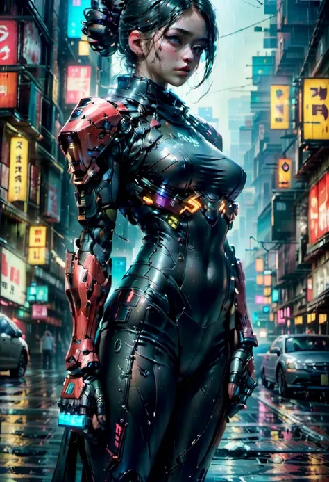 (large breasts:1.4),masterpiece,best quality,(photorealistic:1.4),(ultra detailed:1.3),unity 8k wallpaper,1girl,(mecha:1.3),realistic:1.3), finely detailed, quality, rembrandt lighting, (masterpiece:1.2), (photorealistic:1.2), (best quality), (detailed skin:1.3), (intricate details), dramatic, ray tracing, 1girl, Japanese girl, 21 years old, updo hair, medium breasts, android, shoulder armor, upper armor, full armor, mechanical arms, neo-tokyo, cyberpunk, neon lights, (vibrant colors), rain, water, wet, puddles, (hero view:1.2), hair bun, weapon, breasts, armor, black hair, outdoors, night, gun, shoulder armor, motor vehicle, car, street, lips, holding, ground vehicle, single hair bun, cape, road, earrings, jewelry, medium breasts, bodysuit, cyberpunk, solo, gauntlets, mechanical arms, skin tight, blurry background, blurry, looking at viewer, covered navel, holding weapon, holding gun, realistic, city, covered nipples, standing, braid, closed mouth, pauldrons, rain, building, prosthetic arm, short hair, solo focus, cowboy shot, science fiction, single mechanical arm, cyborg, gloves, prosthesis, blue eyes, nose, neon lights,PRG1 <lora:futureistic_fantasy_anime_sdxl_v1:0.8> <lora:mecha:1>