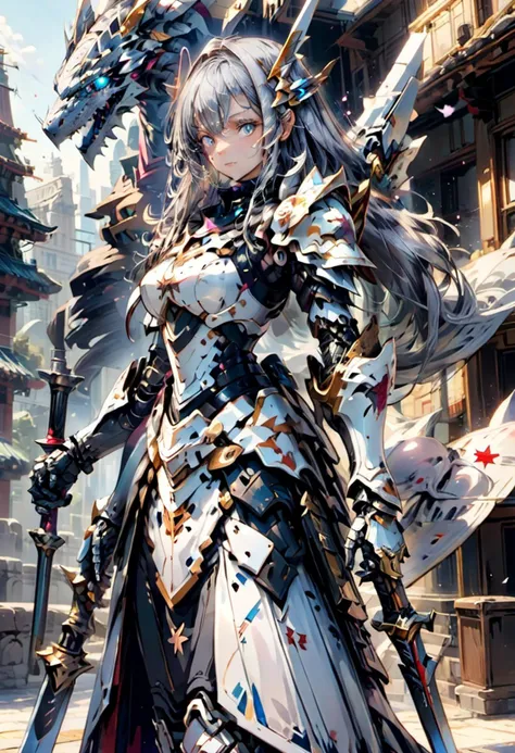 mecha,masterpiece, kawaii, anime, aesthetic, extremely beautiful, girl, silver gloves,,solo, standing, holding sword, looking at viewer, close up, silver hair, straight hair, long hair, star eyes, determined, serious, holy knight, armor dress, before dragons <lora:futureistic_fantasy_anime_sdxl_v1:0.8> <lora:mecha:0.8>