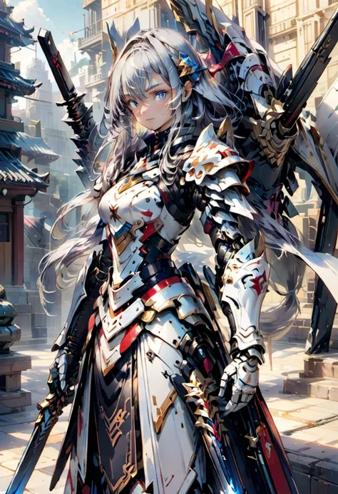mecha,masterpiece, kawaii, anime, aesthetic, extremely beautiful, girl, silver gloves,,solo, standing, holding sword, looking at viewer, close up, silver hair, straight hair, long hair, star eyes, determined, serious, holy knight, armor dress, before dragons <lora:futureistic_fantasy_anime_sdxl_v1:0.8> <lora:mecha:0.8>