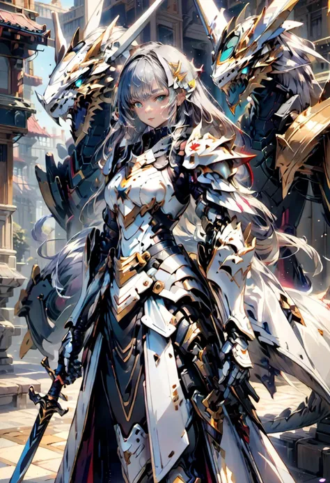mecha,masterpiece, kawaii, anime, aesthetic, extremely beautiful, girl, silver gloves,,solo, standing, holding sword, looking at viewer, close up, silver hair, straight hair, long hair, star eyes, determined, serious, holy knight, armor dress, before dragons <lora:futureistic_fantasy_anime_sdxl_v1:0.8> <lora:mecha:0.8>