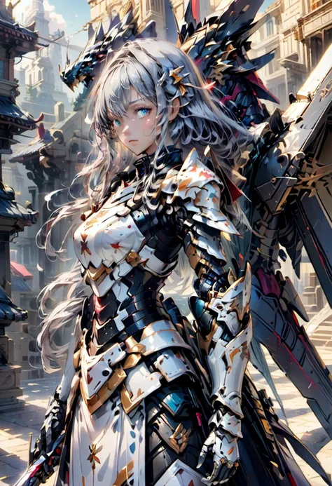 mecha,masterpiece, kawaii, anime, aesthetic, extremely beautiful, girl, silver gloves,,solo, standing, holding sword, looking at viewer, close up, silver hair, straight hair, long hair, star eyes, determined, serious, holy knight, armor dress, before dragons <lora:futureistic_fantasy_anime_sdxl_v1:0.8> <lora:mecha:0.8>
