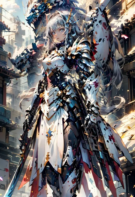 mecha,masterpiece, kawaii, anime, aesthetic, extremely beautiful, girl, silver gloves,,solo, standing, holding sword, front view, looking at viewer, from below, close up, silver hair, straight hair, long hair, star eyes, determined, serious, holy knight, armor dress, thunder and lighting , lions and dragons <lora:futureistic_fantasy_anime_sdxl_v1:0.8> <lora:mecha:1>