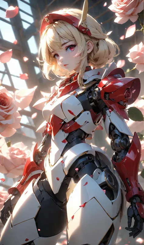 <lora:mecha-000009:0.65>, 1girl, model, gradient_eyes, blonde hair, mech suit, troubled eyebrows, genshin impact, rim light, Volumetric Lighting, HDR,UHD,8K, best quality, masterpiece, ((rose)), (vine), cage, bandage, red rope, (detail light), falling rose petals, looking at viewer, dynamic angle, subject look down