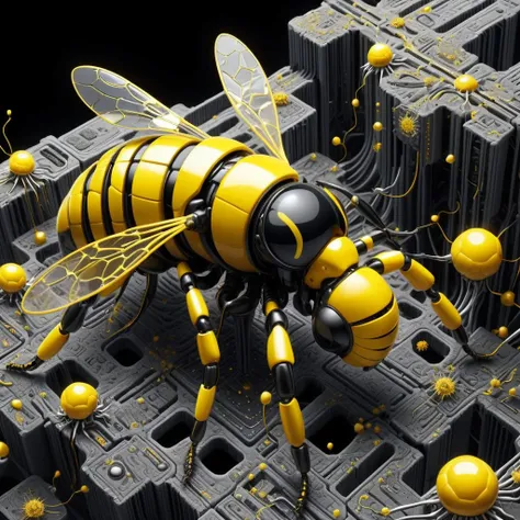 cyber Bee, highly detailed mattepainting in a microscopic surface, style of grid electron microscope, neuronal, yellow and black, landscape
<lora:mecha-000009 (1):0.25>