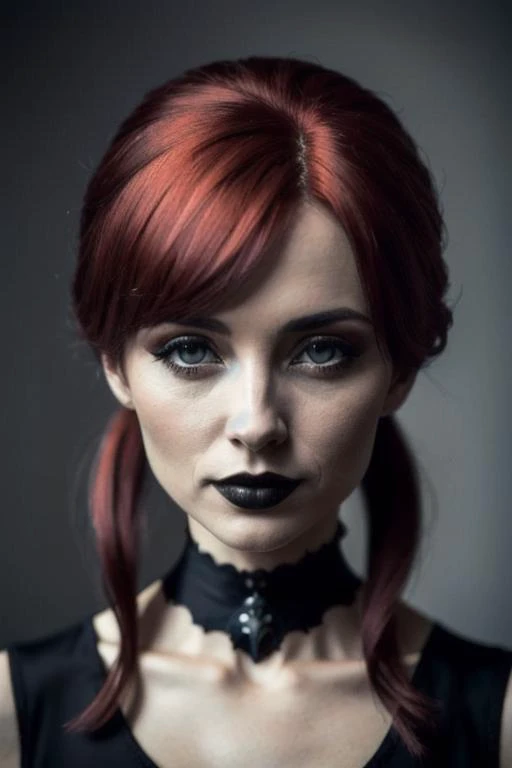 a highly detailed half height photograph of a beautiful gothic woman, dark, deep shadow, darkness, (moonlight:1), award winning photo, Half-length portrait, extremely detailed, amazing, fine detail, absurdres, extremely detailed eyes and face, piercing red eyes, detailed transparent clothes, choker, skinny with small breasts, (gothic), twintails, bangs, frills, skirt, dark red hair, by lee jeffries, nikon d850 film, stock photograph, 35mm, f1.4 lens, rich colors, hyper realistic, lifelike texture, dramatic, lighting, trending on artstation, cinestill 800 tungsten, Style-Neeko, (transparent clothes:1.1),anatomical,