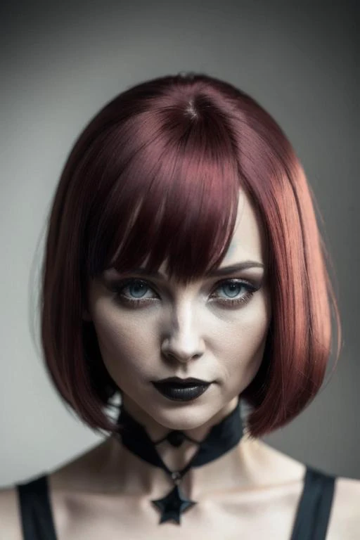 a  highly detailed half height photograph of a beautiful gothic woman, dark, deep shadow, darkness, (moonlight:1), award winning photo, Half-length portrait, extremely detailed, amazing, fine detail, absurdres, extremely detailed eyes and face, piercing red eyes, detailed transparent clothes, choker, skinny with small breasts, (gothic), twintails, bangs, frills, skirt, dark red hair, by lee jeffries, nikon d850 film, stock photograph, 35mm, f1.4 lens, rich colors, hyper realistic, lifelike texture, dramatic, lighting, trending on artstation, cinestill 800 tungsten, Style-Neeko, (transparent clothes:1.1),anatomical,