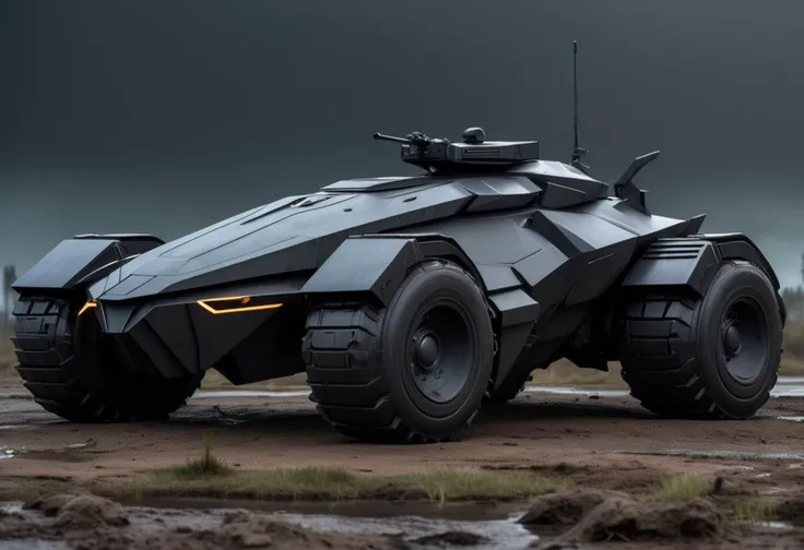 (medium full shot) of (versatile compact dark-gray futuristic armored car, batmobile style) with composite armor, elegant design, multi-fuel engine, stealth coating, side skirts, set in __cof-location/place/mysty-swamp__, during a dusk operation, ,Masterpiece,best quality, raw photo, realistic, very aesthetic