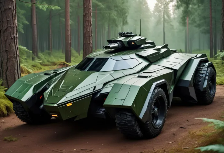 (medium full shot) of (high-tech heavy green futuristic armored car, batmobile style) with reactive armor, elegant design, hybrid engine, stealth coating, adorned with camouflage netting, set in a peaceful forest, with tall pines, gentle streams, a variety of bird species, a calm, soothing environment, during a dawn operation, ,Masterpiece,best quality, raw photo, realistic, very aesthetic