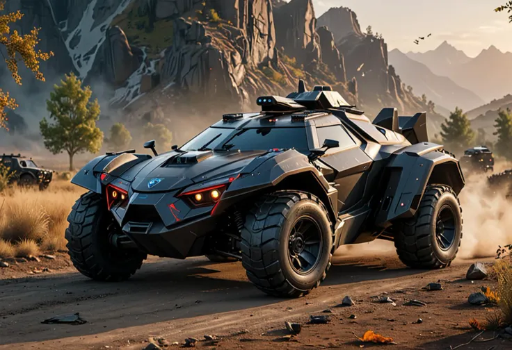 (medium full shot) of (agile compact charcoal futuristic armored car, batmobile style) with modular armor, elegant design, multi-fuel engine, EMP system, adorned with tactical markings, set in a peaceful valley, where the sounds of birds and rustling leaves fill the air, offering a sense of calm and tranquility , during a dusk operation, ,Masterpiece,best quality, raw photo, realistic, very aesthetic