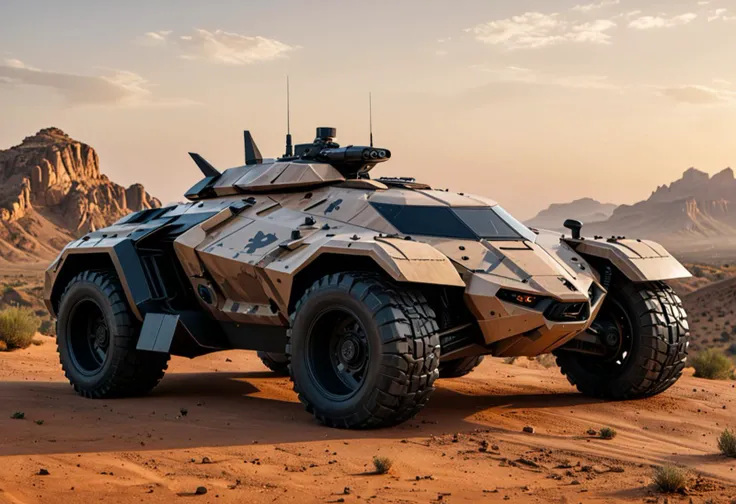 (medium full shot) of (advanced medium desert-camo futuristic armored car, batmobile style) with composite armor, elegant design, gas-turbine engine, reinforced chassis, stealth panels, set in a hilltop with a solitary tree, offering shade and a perfect spot to sit and enjoy the scenery, during a dusk operation, ,Masterpiece,best quality, raw photo, realistic, very aesthetic