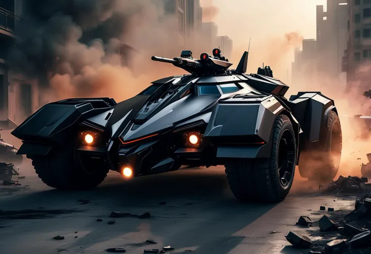 (medium full shot) of (high-tech medium jet-black futuristic armored car, batmobile style) with titanium-alloy armor, elegant design, diesel engine, EMP system, stealth panels, set in a chaotic battlefield, with smoke rising from the ground, soldiers clashing, and the air filled with the sounds of battle, during a dawn operation, ,Masterpiece,best quality, raw photo, realistic, very aesthetic