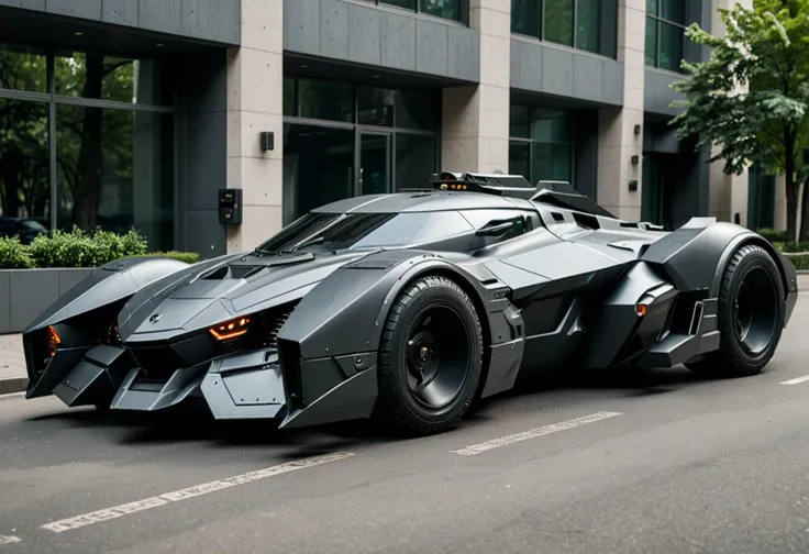 (medium full shot) of (intimidating medium dark-gray futuristic armored car, batmobile style) with composite armor, elegant design, electric engine, bulletproof windows, side skirts, set in a utopian futuristic city, with green spaces, sustainable design, harmonious society, peaceful atmosphere, ,Masterpiece,best quality, raw photo, realistic, very aesthetic