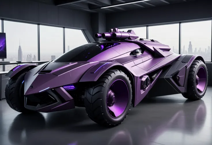 (medium full shot) of (rugged mobile purple futuristic armored car, batmobile style) with reactive armor, elegant design, multi-fuel engine, reinforced chassis, adorned with tactical markings, set in Executive Suite, Sophisticated office space with panoramic views, sleek glass desks, leather ergonomic chairs, minimalist decor, high-tech conference equipment, a cozy lounge area with designer sofas, ,Masterpiece,best quality, raw photo, realistic, very aesthetic
