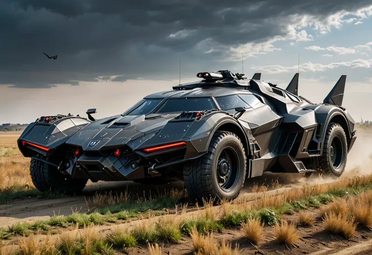 (medium full shot) of (stealthy mobile dark-gray futuristic armored car, batmobile style) with reactive armor, elegant design, turbo jet engine, EMP system, adorned with camouflage netting, set in a windswept plain, where the grasses bend and wave, creating a dynamic and ever-changing scene, during a daytime operation, ,Masterpiece,best quality, raw photo, realistic, very aesthetic