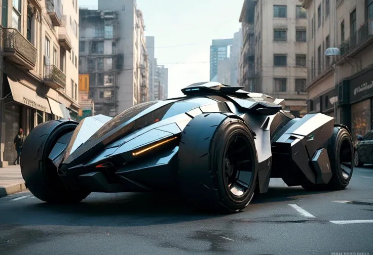 (medium full shot) of (heavily-armed heavy jet-black futuristic armored car, batmobile style) with titanium-alloy armor, elegant design, multi-fuel engine, stealth coating, stealth panels, set in a utopian futuristic city, with sleek architecture, clean streets, a sense of harmony, ,Masterpiece,best quality, raw photo, realistic, very aesthetic