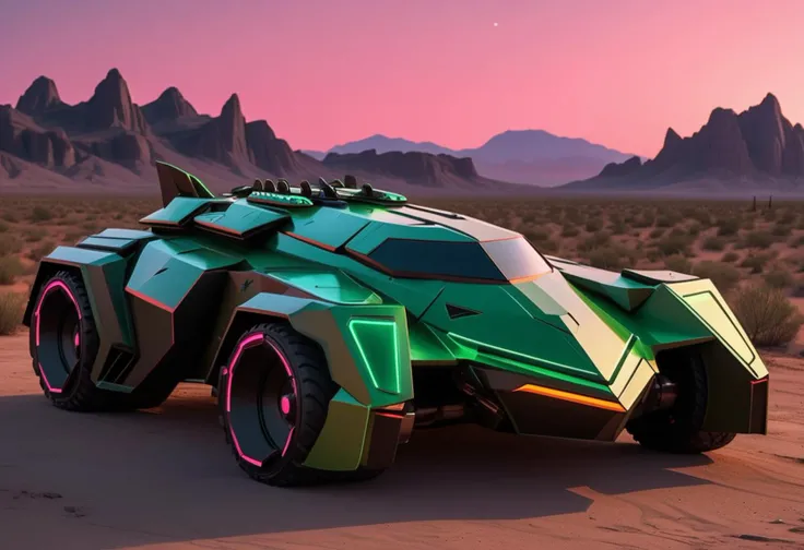 (medium full shot) of (high-tech medium green futuristic armored car, batmobile style) with composite armor, elegant design, hybrid engine, bulletproof windows, stealth panels, set in a plain at dusk, where the sky is painted with hues of orange and pink, as the sun sets and shadows stretch across the land, during a nighttime operation, ,Masterpiece,best quality, raw photo, realistic, very aesthetic