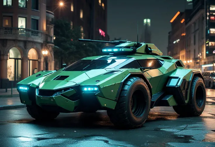 (medium full shot) of (stealthy light green futuristic armored car, batmobile style) with reactive armor, elegant design, diesel engine, bulletproof windows, adorned with tactical markings, set in a high-tech city square, featuring interactive displays, sleek benches, a vibrant night scene, during a nighttime operation, ,Masterpiece,best quality, raw photo, realistic, very aesthetic