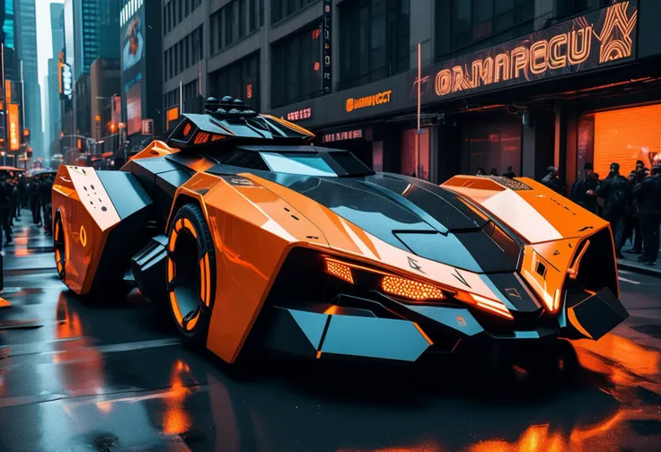 (medium full shot) of (advanced mobile orange futuristic armored car, batmobile style) with titanium-alloy armor, elegant design, electric engine, bulletproof windows, adorned with tactical markings, set in a neon-drenched city street, with holographic billboards, sleek vehicles, a bustling nightlife, ,Masterpiece,best quality, raw photo, realistic, very aesthetic