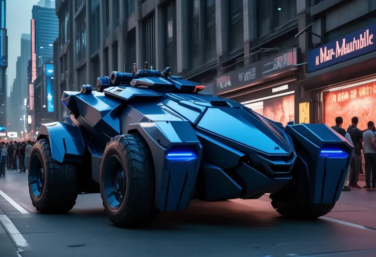 (medium full shot) of (agile medium blue futuristic armored car, batmobile style) with composite armor, elegant design, multi-fuel engine, missile launcher, stealth panels, set in a futuristic marketplace, with neon stalls, digital advertisements, a lively crowd, during a dusk operation, ,Masterpiece,best quality, raw photo, realistic, very aesthetic