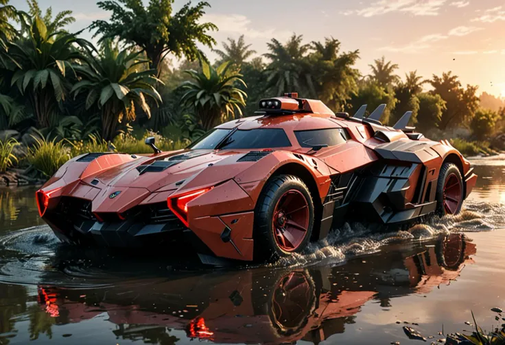 (medium full shot) of (futuristic light red futuristic armored car, batmobile style) with composite armor, elegant design, hybrid engine, EMP system, adorned with tactical markings, set in river delta with multiple streams merging, rich vegetation all around, birds wading in the shallow water, a sunset in the background, ,Masterpiece,best quality, raw photo, realistic, very aesthetic