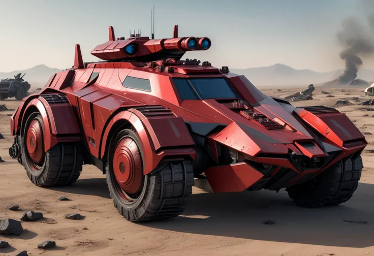 (medium full shot) of (high-tech heavy red futuristic armored car, batmobile style) with modular armor, elegant design, gas-turbine engine, EMP system, side skirts, set in a war-torn landscape, featuring scorched earth, shattered buildings, advanced military vehicles, drone swarms, and holographic command centers, ,Masterpiece,best quality, raw photo, realistic, very aesthetic
