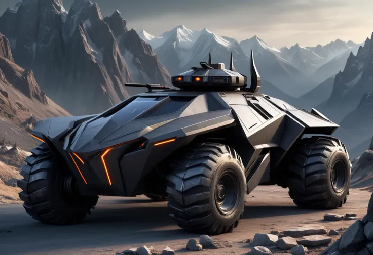 (medium full shot) of (rugged light charcoal futuristic armored car, batmobile style) with reactive armor, elegant design, turbo jet engine, bulletproof windows, adorned with tactical markings, set in a rugged mountain range, with rocky peaks, steep cliffs, snow-capped summits, during a dusk operation, ,Masterpiece,best quality, raw photo, realistic, very aesthetic