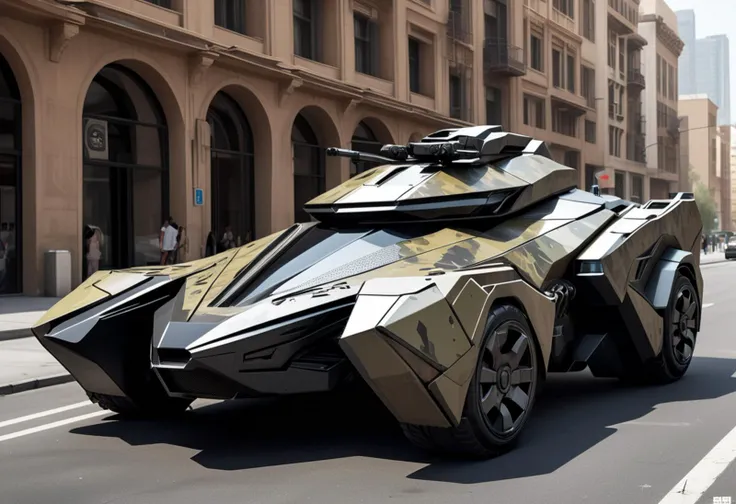 (medium full shot) of (futuristic light desert-camo futuristic armored car, batmobile style) with carbon-fiber armor, elegant design, gas-turbine engine, stealth coating, adorned with camouflage netting, set in a futuristic city, featuring advanced architecture, automated systems, sleek public spaces, ,Masterpiece,best quality, raw photo, realistic, very aesthetic
