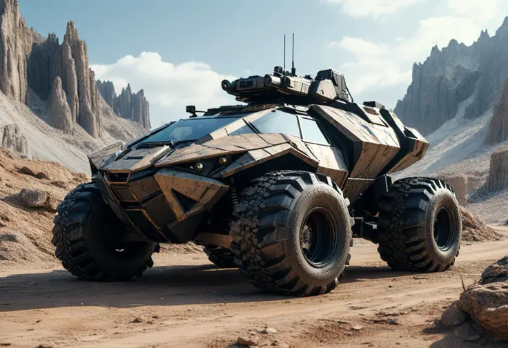 (medium full shot) of (rugged mobile urban-camo futuristic armored car, batmobile style) with modular armor, elegant design, diesel engine, reinforced chassis, stealth panels, set in a barren mountain, with jagged rocks, dry soil, a clear sky, ,Masterpiece,best quality, raw photo, realistic, very aesthetic