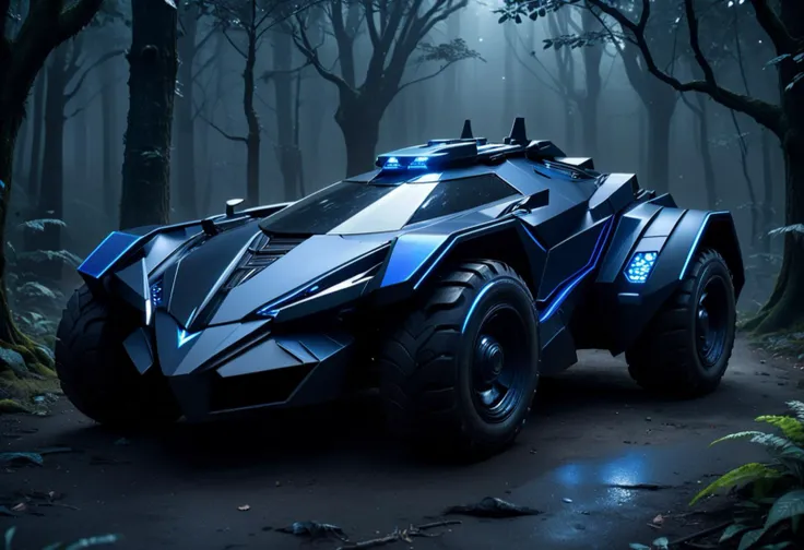 (medium full shot) of (high-tech light midnight-blue futuristic armored car, batmobile style) with ballistic armor, elegant design, electric engine, reinforced chassis, adorned with tactical markings, set in a mystical forest, featuring enchanted glades, ancient trees, magical creatures, shimmering light, and eerie silence, ,Masterpiece,best quality, raw photo, realistic, very aesthetic
