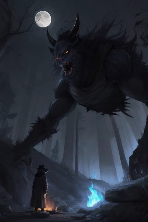 In the night Fantasy A half demon man large 30yo with black horn and grey skin in old linen clothes siting on a stone near a fire in the forest, screaming at the sky, seeing the moon