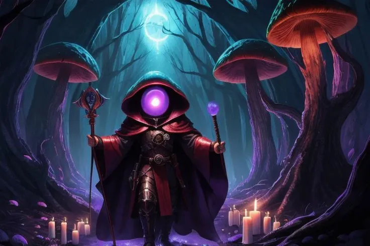an evil mutant with a mushroom head, giant glowing mushroom with eyes and mouth, purple robe, dungeon, candles, magic staff, fog