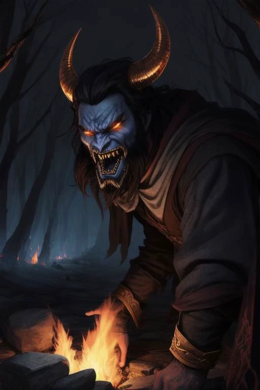 In the night Fantasy A half demon man large 30yo with black horn and grey skin in old linen clothes siting on a stone near a fire in the forest, screaming at the sky, seeing the star