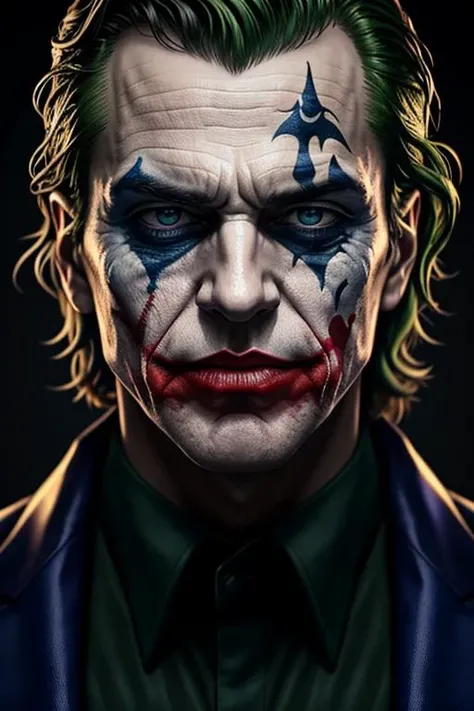 masterpiece, best quality, realistic, half body shot of Joker, DC universe cinematic, detailed face, 8k, uhd, sharp focus
