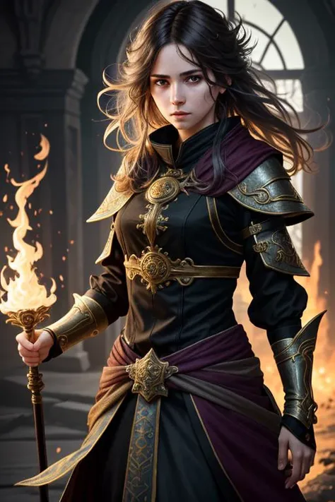 photograph, masterpiece, photorealistic, realistic, extremely high detail, HDR, (8k, RAW photo:1.2), fantasy RPG, young female, mage, messy hair, mage outfit, light magic, surrounded by aura, fighting stance, high detailed skin, (best quality:1.4), (ultra highres:1.2),