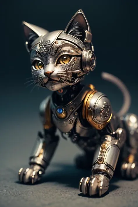 a cute kitten made out of metal, (cyborg:1.1), ([tail | detailed wire]:1.3), (intricate details), hdr, (intricate details, hyperdetailed:1.2), cinematic shot, vignette, centered,