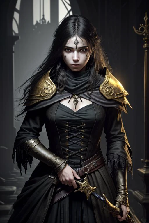 photograph, masterpiece, photorealistic, realistic, extremely high detail, HDR, (8k, RAW photo:1.2), soulsborne, young female, monster, assassin, long messy hair, glowing eyes, face covered, dagger, dark magic, yellow and black auras, high detailed skin, (best quality:1.4), (ultra highres:1.2),