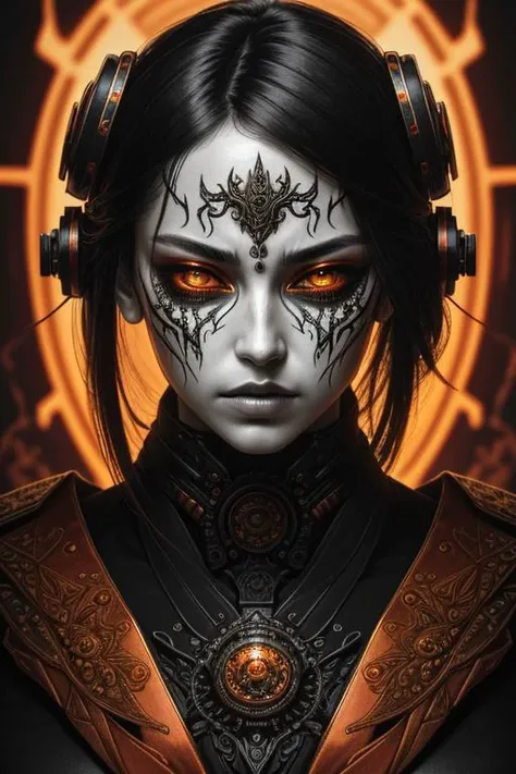 a close up symmetrical portrait of a cyberpunk gangster, biomechanical, mshn robot, splashes of orange red, hyper realistic, intricate design, (insanely detailed:1.4), (extremely fine details:1.35), Extremely sharp lines, steel, cinematic lighting, Photorealistic, a detailed painting by Ayami Kojima and Lilia Alvarado, (best quality, high quality, absurdres, intricate detail, masterpiece, cinematic), highly detailed, motion blur, film grain, noise, lens effects,