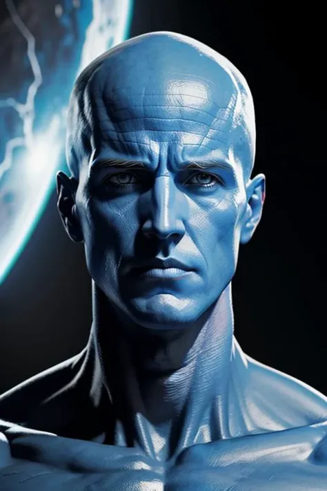 masterpiece, best quality, realistic, half body shot of Dr. Manhattan, DC universe cinematic, detailed face, 8k, uhd, sharp focus