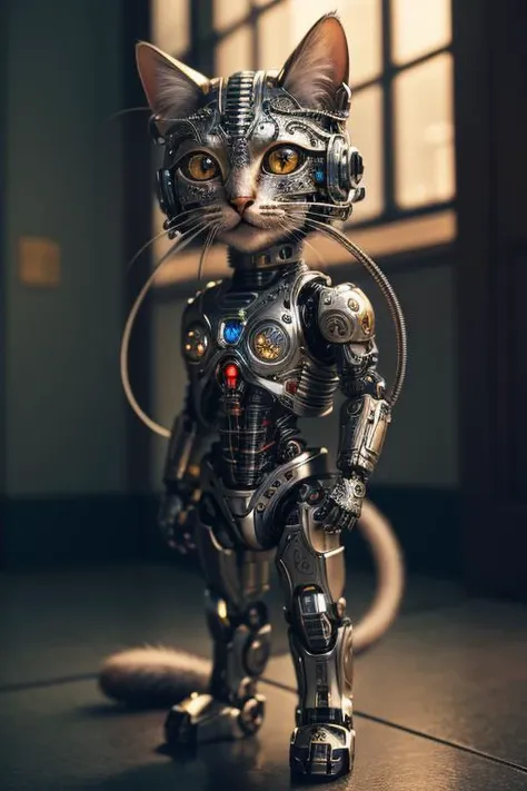 a cute kitten made out of metal, (cyborg:1.1), ([tail | detailed wire]:1.3), (intricate details), hdr, (intricate details, hyperdetailed:1.2), cinematic shot, vignette, centered,