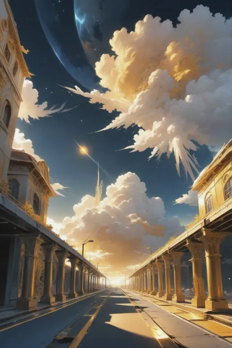 anime style, golden sunrise, noon, blue sky, clouds, architecture, "at the cloud Supernova"<lora:EnvyStarlightGuldenSunrise01:1>