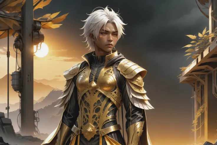 anime style, golden sunrise, full body, character concept art, (full body:1.2), 1boy, man, solo, [:creative costume design,:0.2] priest, korean, vivid gray hair, (athletic:1.3) build, subterranean scifi settlement in a Oxygen Production Plants<lora:EnvyStarlightGuldenSunrise01:1>