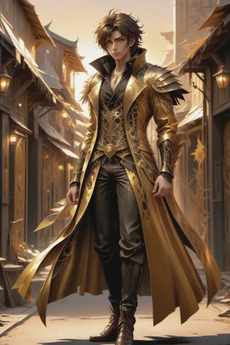 anime style, golden sunrise, full body, character concept art, (full body:1.2), 1boy, man, masculine, solo, [:fantastical costume design,:0.2] warlock, caucasian, chocolate hair, (average:1) build, Urban Area<lora:EnvyStarlightGuldenSunrise01:1>