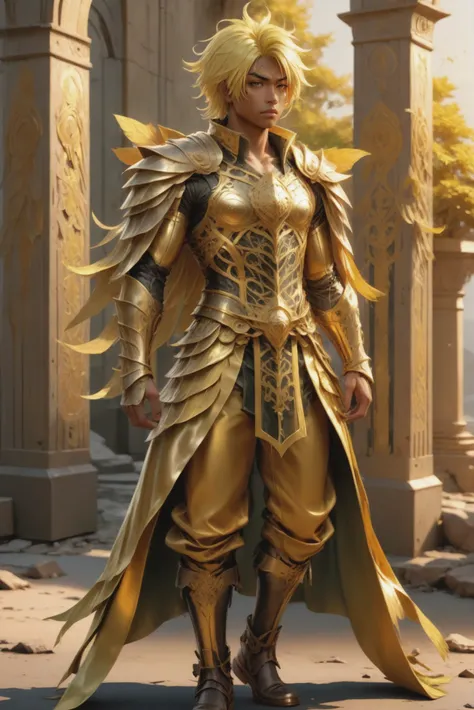 anime style, golden sunrise, full body, character concept art, (full body:1.2), 1boy, man, ruggedly handsome, solo, [:creative costume design,:0.2] paladin, (asian:1.3), chartreuse hair, (muscular:1) build, golden hour, architecture, "at the Dreamlike Otherworldly maelstrom"<lora:EnvyStarlightGuldenSunrise01:1>