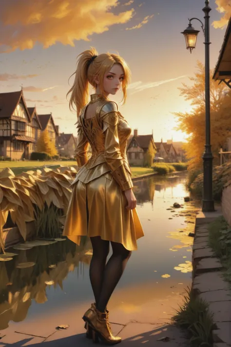 anime style, golden sunrise, golden hour, scenery, Stratford-on-Avon<lora:EnvyStarlightGuldenSunrise01:1>