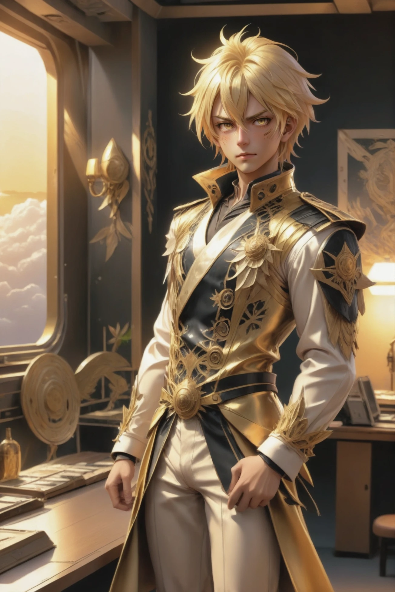 anime style, golden sunrise, full body, character concept art, (full body:1.2), 1boy, man, ruggedly handsome, solo, [:epic costume design,:0.2] admiral, japanese, mintcream hair, (solid:1) build, Conference and Briefing Room \(room\) <lora:EnvyStarlightGuldenSunrise01:1>
